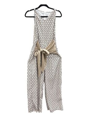 Cream Printed Wide-Leg Jumpsuit with Tan Waist Tie